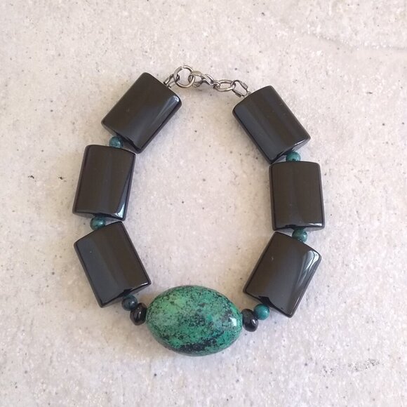 Bold Elegance: Black Jasper & Chrysocolla Heavy Bracelet! Wisdom & Protection - Picture 1 of 7